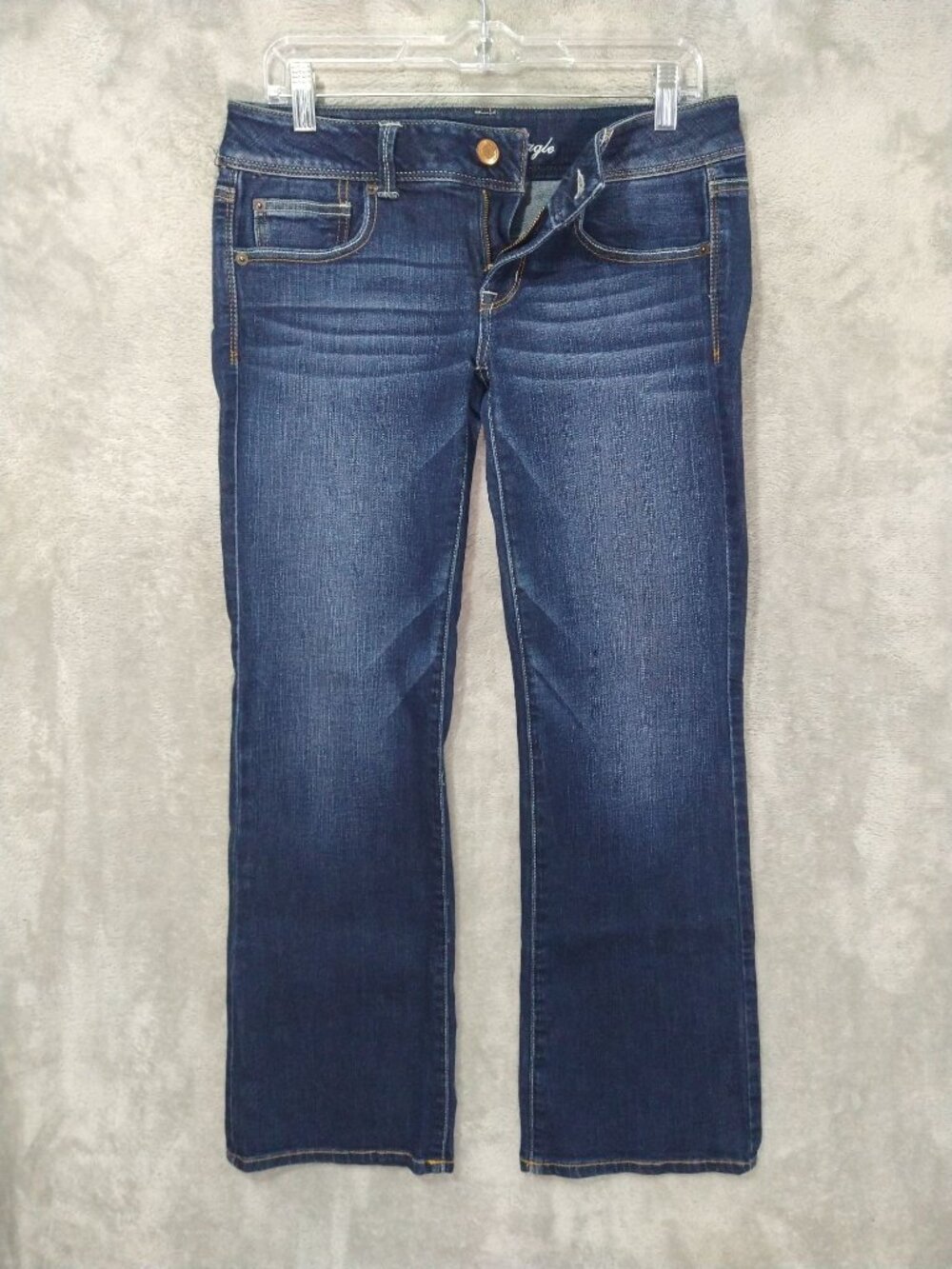 American Eagle Jeans Womens 8 Short Blue Denim Stretch Slim Boot Low Rise Dark